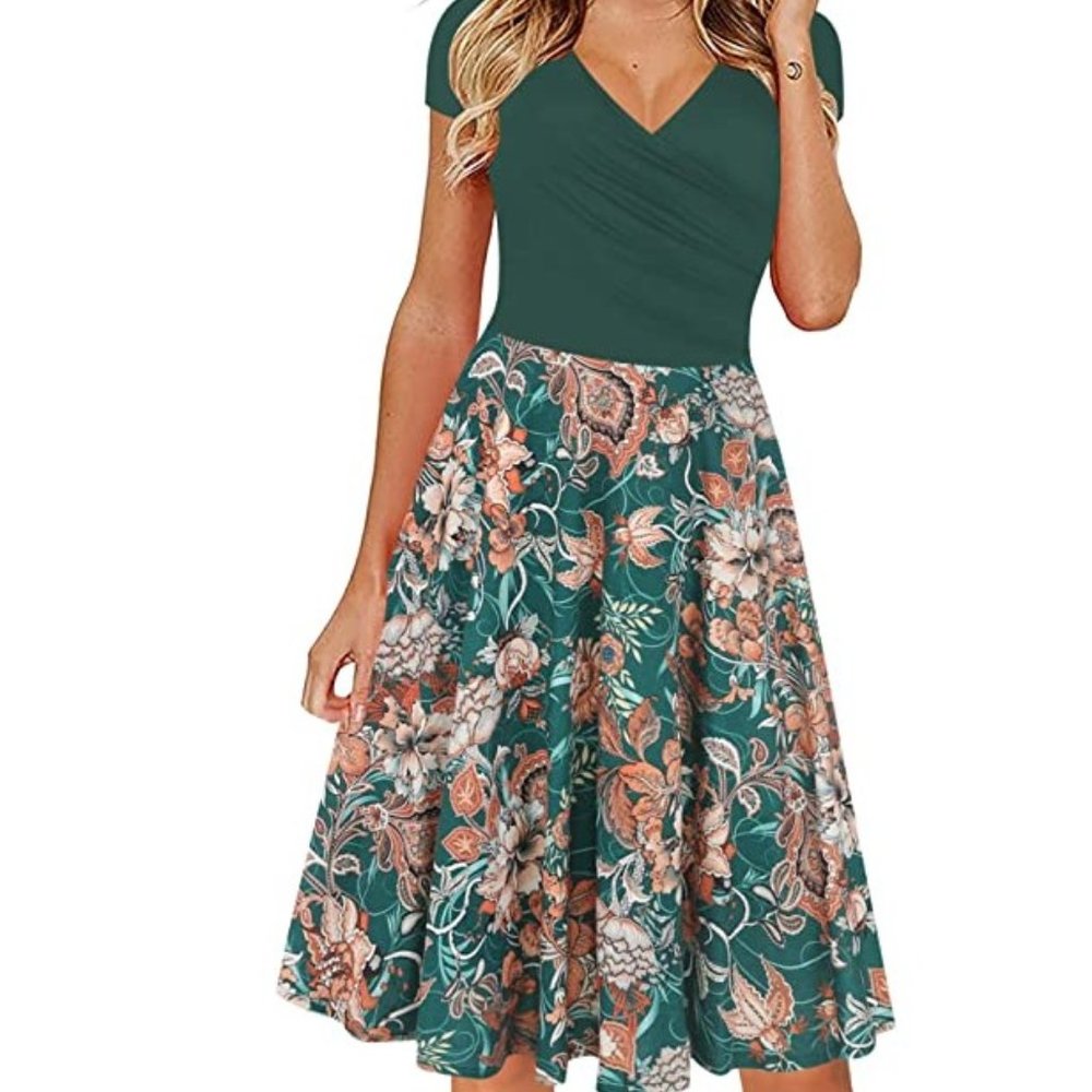 Women's V-Neck Cap Sleeve Floral Casual Stretch Swing Dress